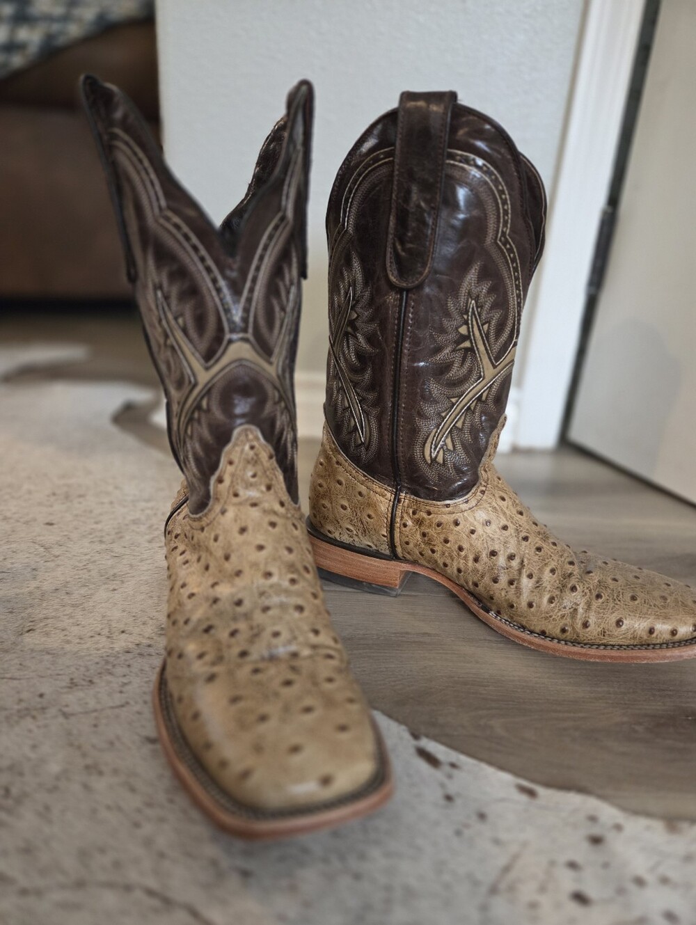 Men's Two-Tone Brown Ostrich Leather Cowboy Boots